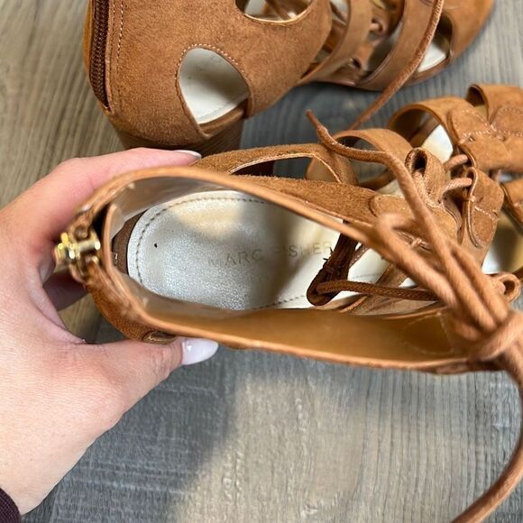 Marc Fisher Suede Lace-up Block Heel Sandals: Paradox Cognac Size 6 - Picture 8 of 11